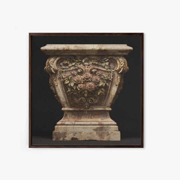 Garden Urn with Roses and Ivy Framed Canvas Print, Traditional Art, Art, Living Room Decor, Oil Painting, Classic, TRA-1x1-48