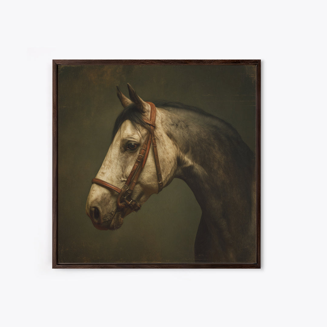 Realistic Horse Portrait Framed Canvas Print, Traditional Art, Dark Art, Living Room Decor, Oil Painting, Classic, TRA-1x1-51