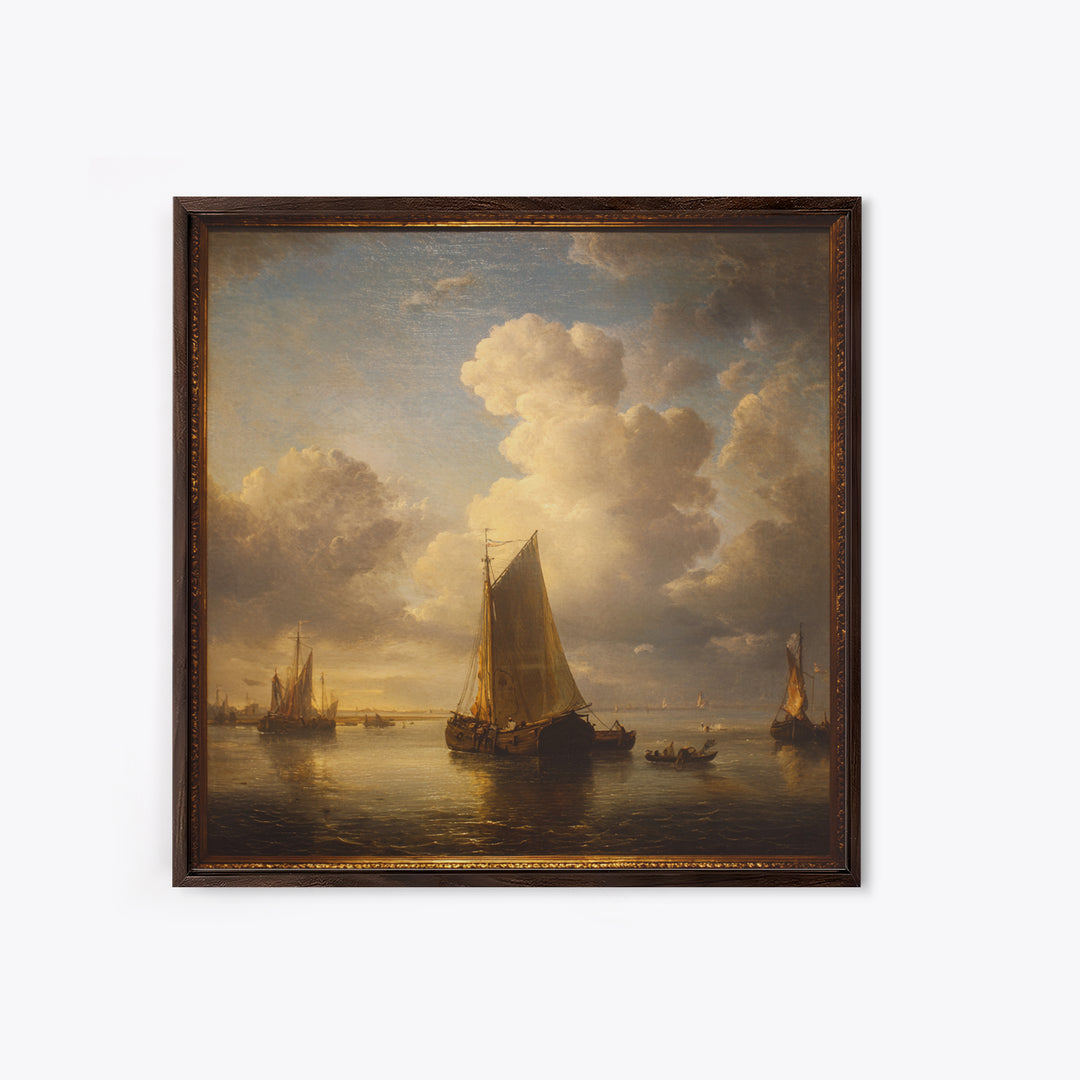Seascape with Sailboats and Cloudy Sky Framed Canvas Print, Traditional Art, Textured Painting, Living Room Decor, Classic, TRA-1x1-53