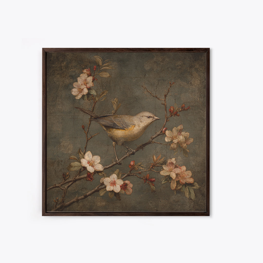 Bird Study on a Flowering Branch Framed Canvas Print, Traditional Art, Pokemon Poster, Living Room Decor, Fine Art, Classic, TRA-1x1-58