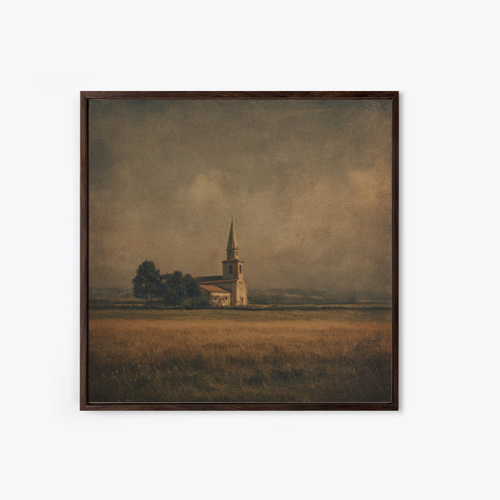 Church Steeple Across Rural Meadow Framed Canvas Print, Traditional Art, Boho Decor, Living Room Decor, Fine Art, Classic, TRA-1x1-61