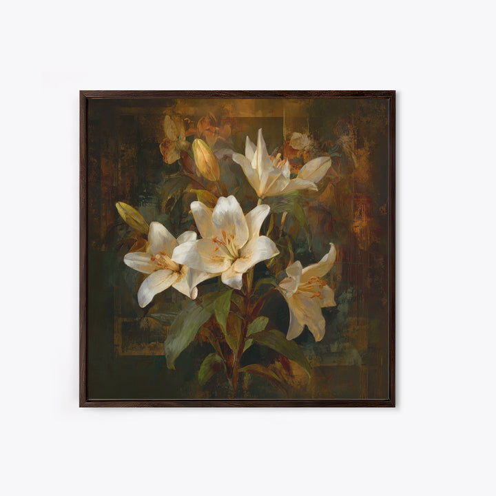 White Lilies on Dark Background Framed Canvas Print, Traditional Art, Neutral Decor, Living Room Decor, Fine Art, Classic, TRA-1x1-63