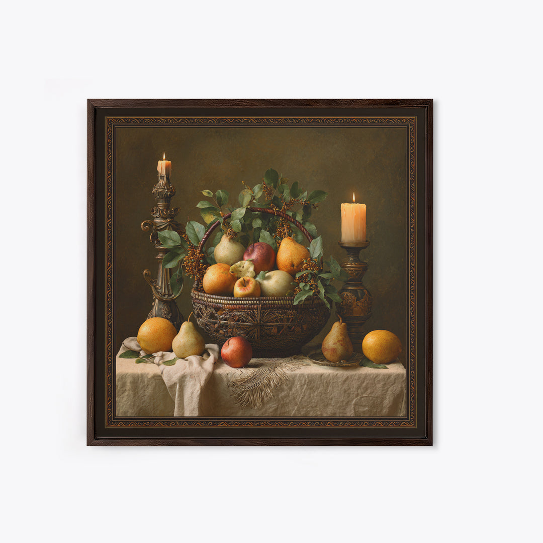 Basket of Apples and Pears on Linen Framed Canvas Print, Traditional Art, Landscape, Living Room Decor, Fine Art, Classic, TRA-1x1-66
