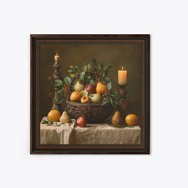 Basket of Apples and Pears on Linen Framed Canvas Print, Traditional Art, Landscape, Living Room Decor, Fine Art, Classic, TRA-1x1-66