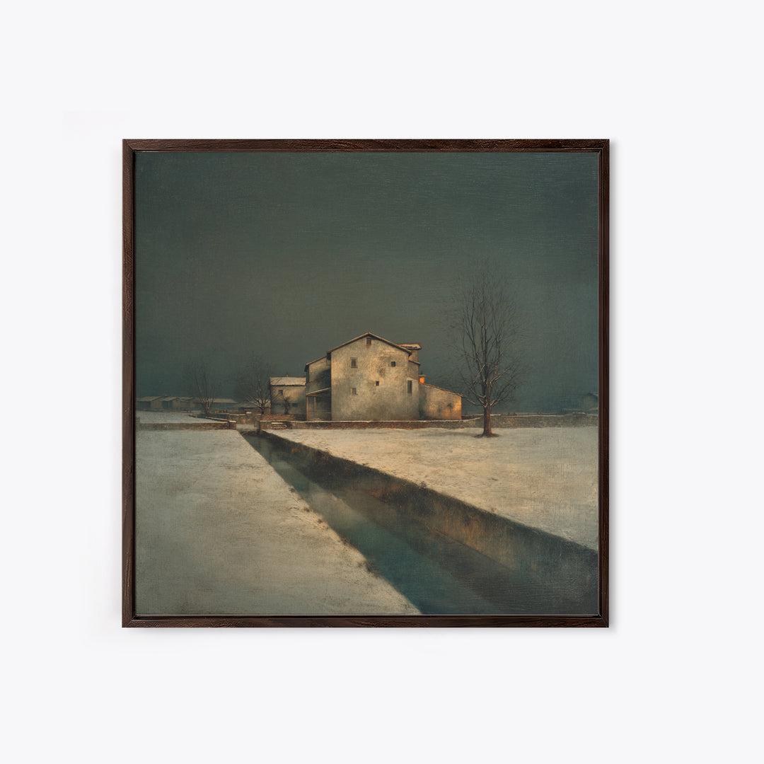 Snowy Village Landscape at Twilight Framed Canvas Print, Traditional Art, Modern Decor, Living Room Decor, Fine Art, Classic, TRA-1x1-67