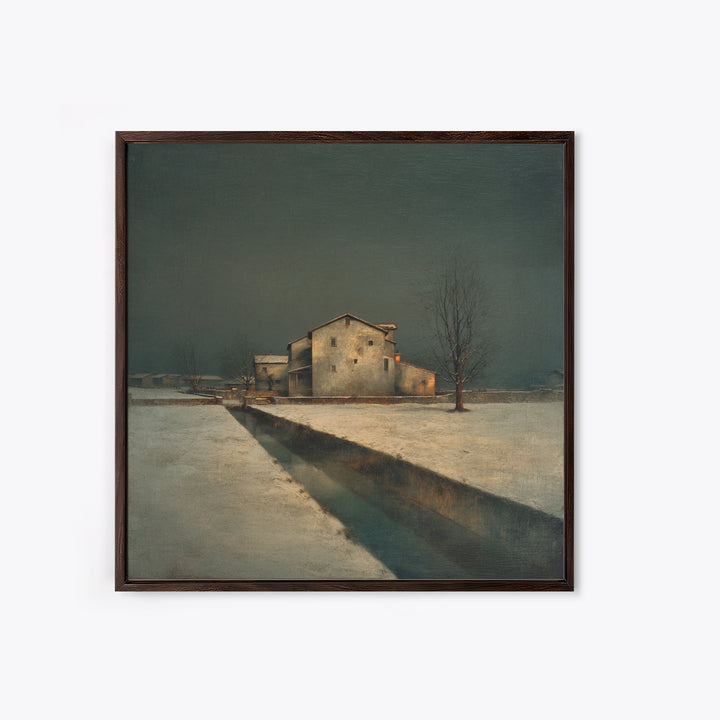 Snowy Village Landscape at Twilight Framed Canvas Print, Traditional Art, Modern Decor, Living Room Decor, Fine Art, Classic, TRA-1x1-67