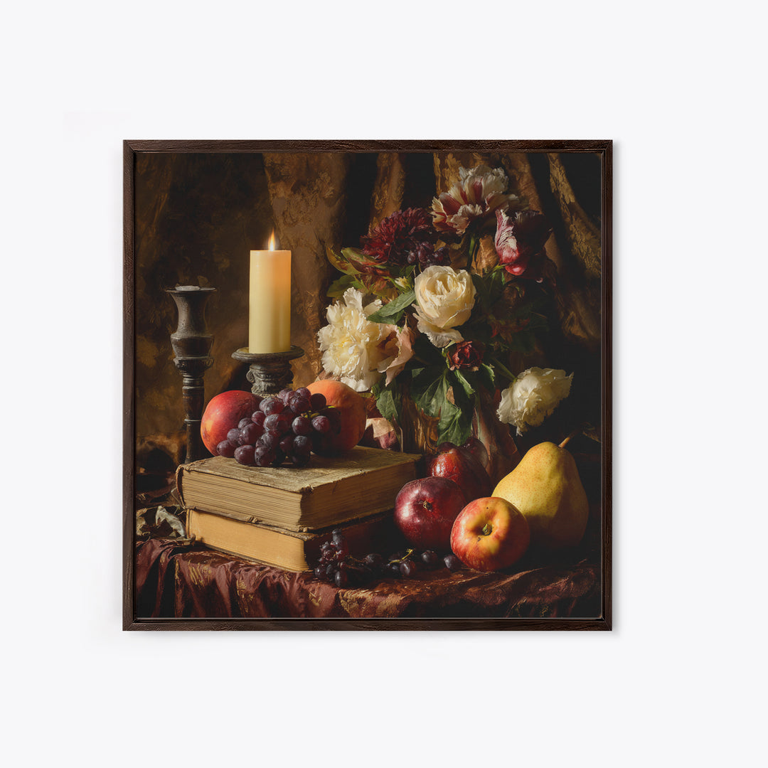 Still Life of Books Candle and Fruit Framed Canvas Print, Traditional Art, Watercolor Art, Living Room Decor, Fine Art, Classic, TRA-1x1-68