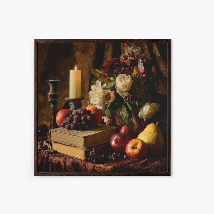 Still Life of Books Candle and Fruit Framed Canvas Print, Traditional Art, Watercolor Art, Living Room Decor, Fine Art, Classic, TRA-1x1-68