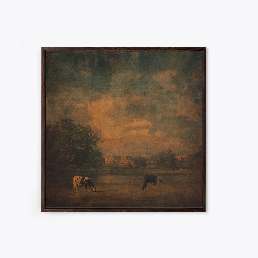 Pastoral Countryside with Cows in Field Framed Canvas Print, Traditional Art, Artwork, Living Room Decor, Fine Art, Classic, TRA-1x1-7