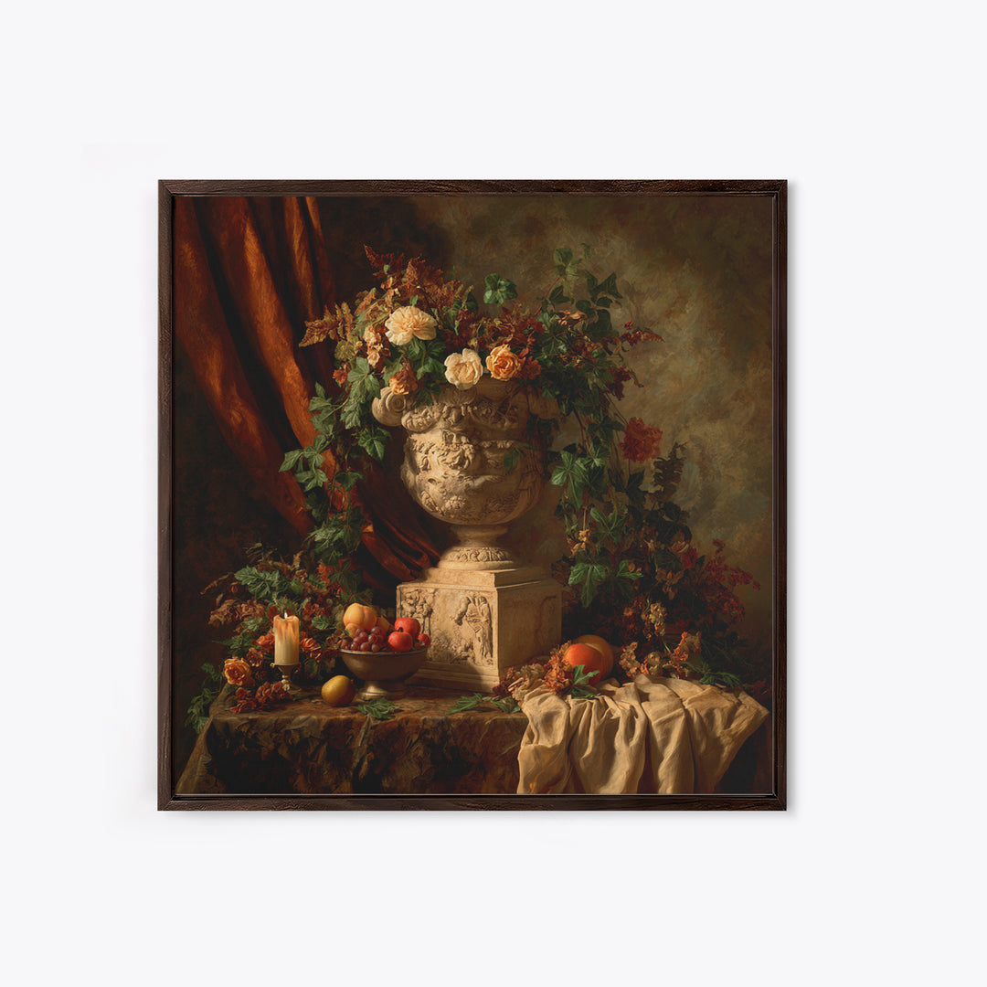 Garden Urn with Roses and Ivy Framed Canvas Print, Traditional Art, Landscape, Living Room Decor, Fine Art, Classic, TRA-1x1-72