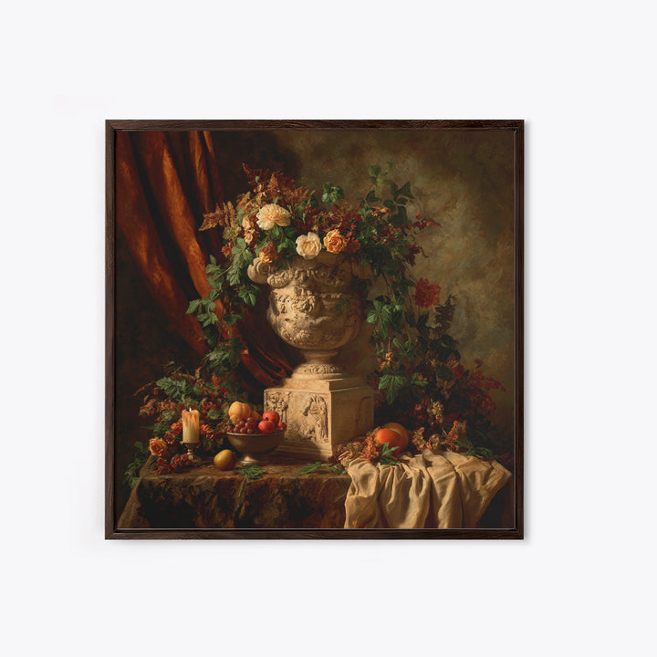 Garden Urn with Roses and Ivy Framed Canvas Print, Traditional Art, Landscape, Living Room Decor, Fine Art, Classic, TRA-1x1-72