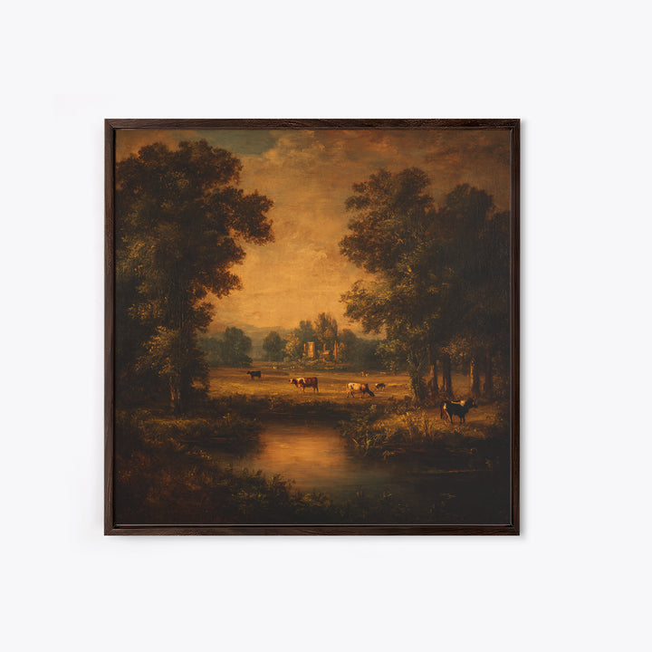 Pastoral Countryside with Cows in Field Framed Canvas Print, Traditional Art, Boho Decor, Living Room Decor, Oil Painting, TRA-1x1-79