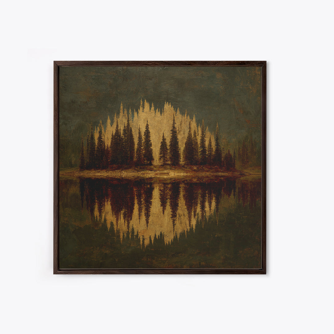 Mountain Lake with Pine Forest Reflection Canvas Print, Traditional Art, Art, Living Room Decor, Oil Painting, Classic, TRA-1x1-81