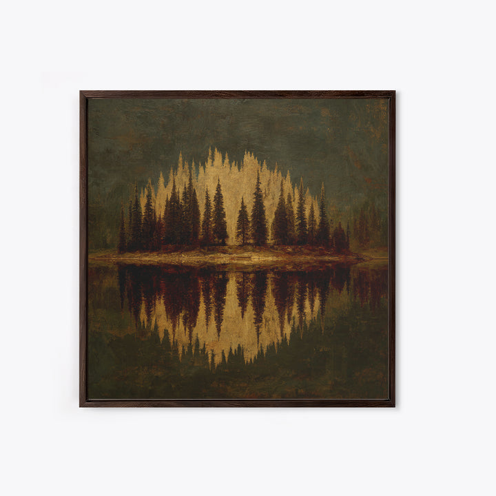 Mountain Lake with Pine Forest Reflection Canvas Print, Traditional Art, Art, Living Room Decor, Oil Painting, Classic, TRA-1x1-81