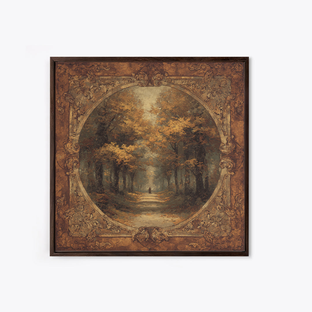 Autumn Forest Road Framed Canvas Print, Traditional Art, Minimalist Decor, Living Room Decor, Oil Painting, Classic, Boho, TRA-1x1-88