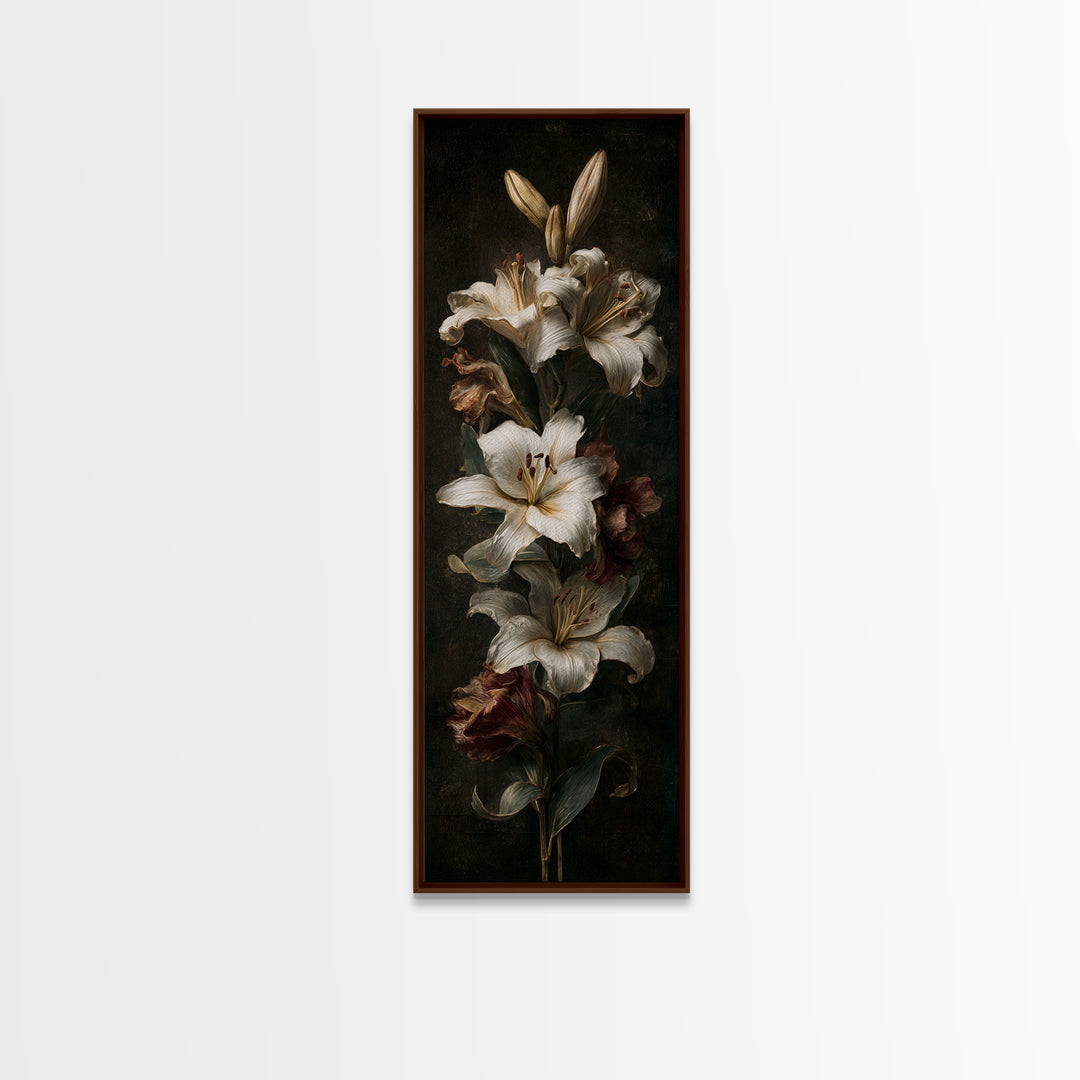 White Lilies on Dark Background Canvas Print, Traditional Art, Digital Print, Living Room Decor, Oil Painting, Classic, TRA-1x3-27