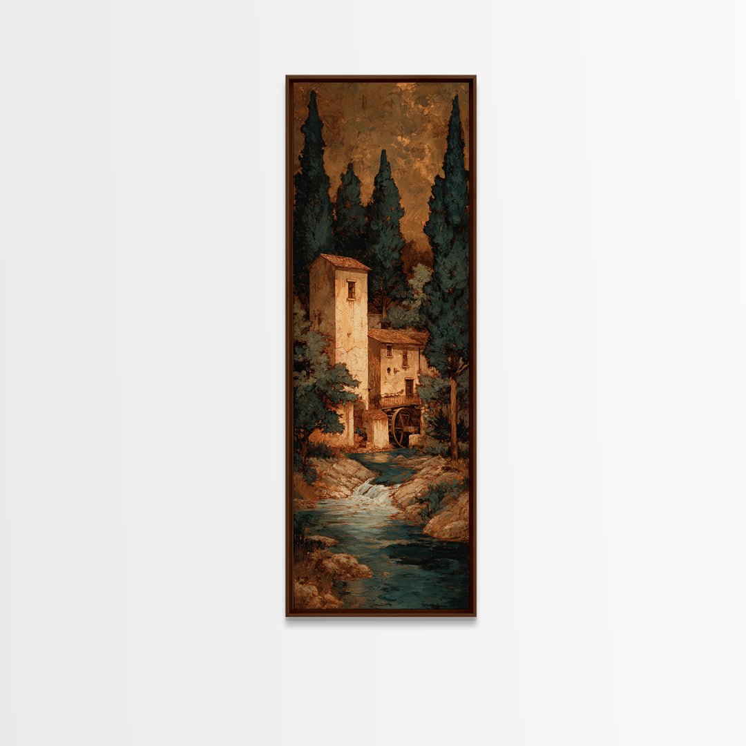 Watermill Beside a Quiet Stream Framed Canvas Print, Traditional Art, Textured Painting, Living Room Decor, Fine Art, Classic, TRA-1x3-29