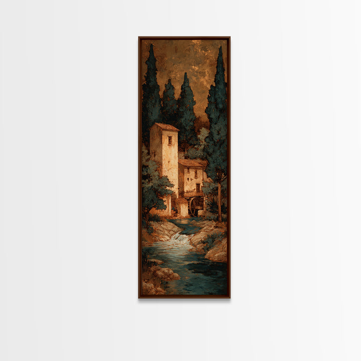 Watermill Beside a Quiet Stream Framed Canvas Print, Traditional Art, Textured Painting, Living Room Decor, Fine Art, Classic, TRA-1x3-29