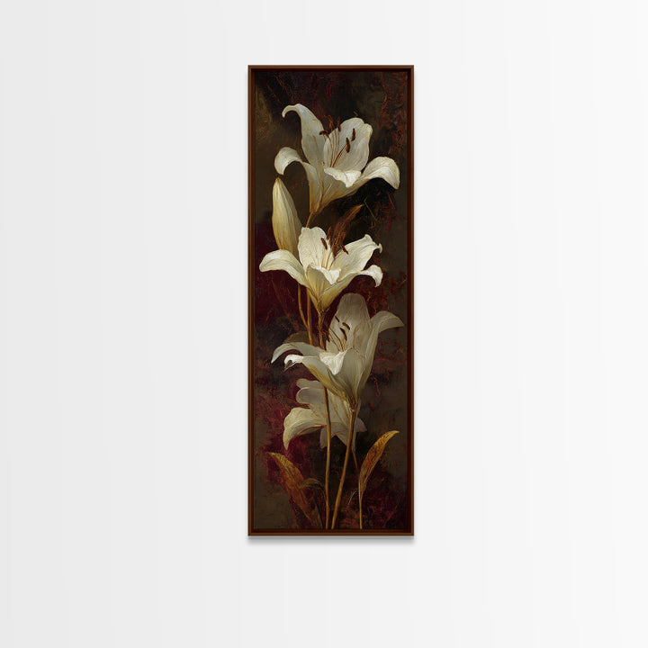 White Lilies on Dark Background Framed Canvas Print, Traditional Art, Canvas, Living Room Decor, Watercolor Art, Classic, TRA-1x3-3