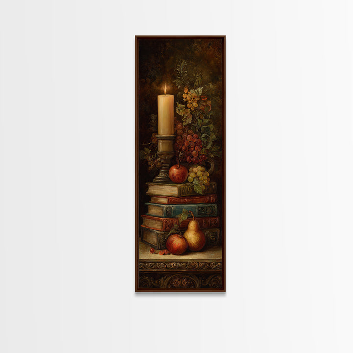 Still Life of Books Candle and Fruit Canvas Print, Traditional Art, Painting, Living Room Decor, Classic, Art Commissions, TRA-1x3-32