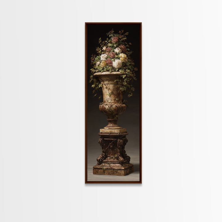 Garden Urn with Roses and Ivy Framed Canvas Print, Traditional Art, Decor, Living Room Decor, Fine Art, Classic, Japanese Art, TRA-1x3-36
