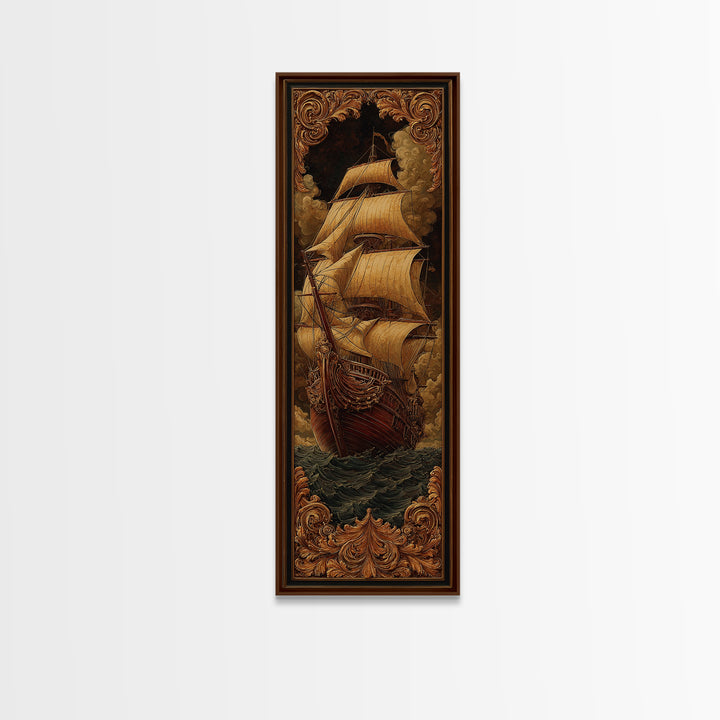 Ship at Sea Framed Canvas Print, Traditional Art, Fine Art Print, Living Room Decor, Fine Art, Classic, Wall Decor, Painting, TRA-1x3-50