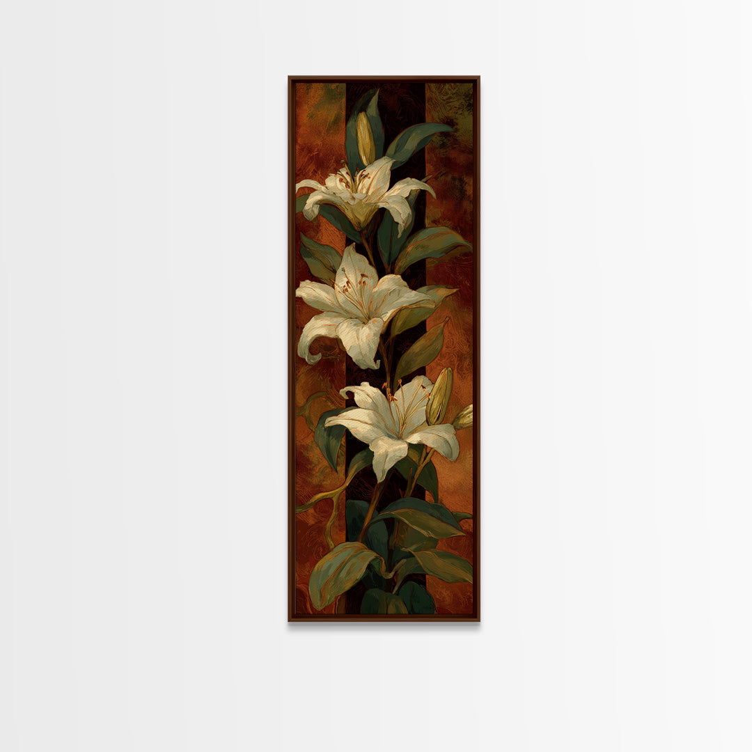 White Lilies on Dark Background Canvas Print, Traditional Art, Landscape, Living Room Decor, Abstract Art, Classic, TRA-1x3-51