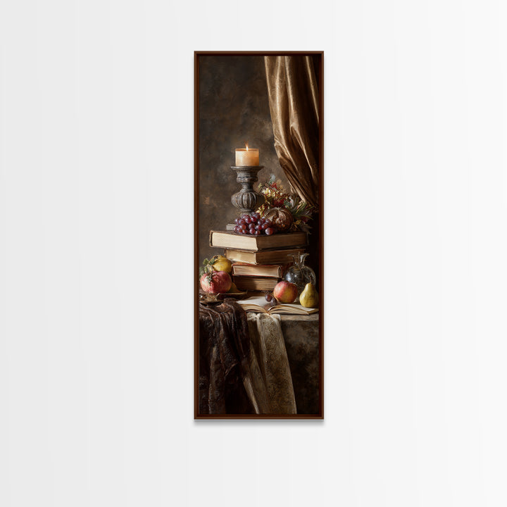 Still Life of Books Candle and Fruit Framed Canvas Print, Traditional Art, Contemporary Art, Living Room Decor, Classic, TRA-1x3-8