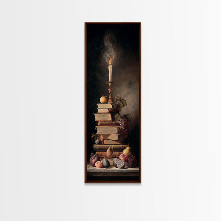 Still Life of Books Candle and Fruit Framed Canvas Print, Traditional Art, Watercolor Art, Living Room Decor, Fine Art, Classic, TRA-1x3-80