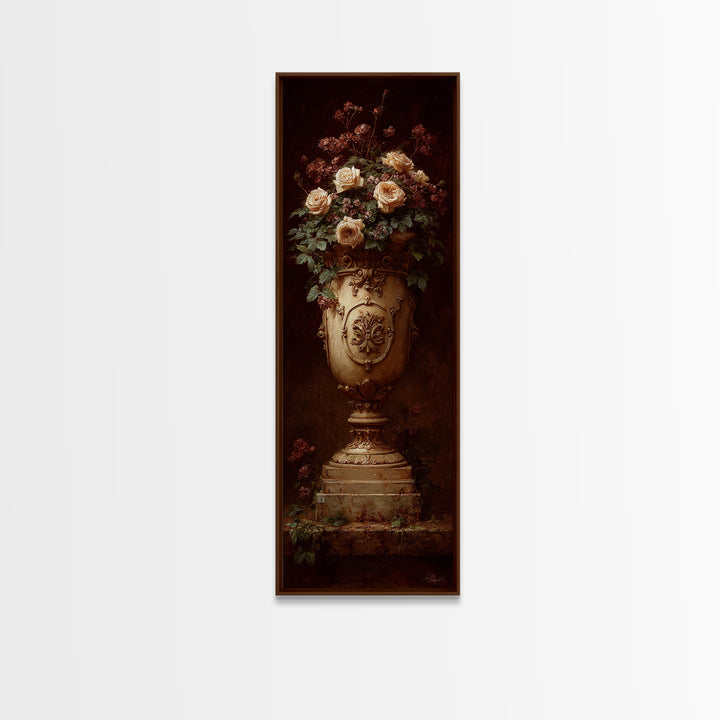 Garden Urn with Roses and Ivy Framed Canvas Print, Traditional Art, Art Commissions, Living Room Decor, Oil Painting, Classic, TRA-1x3-84