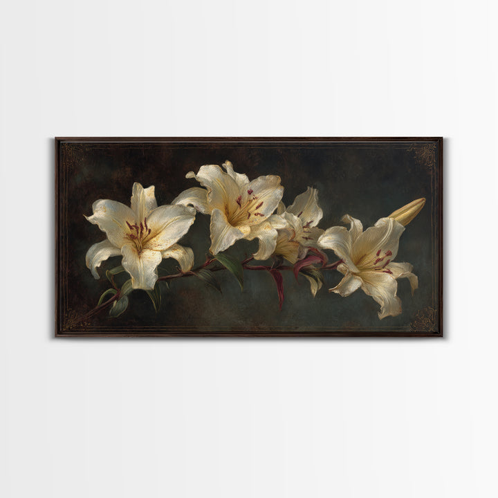 White Lilies on Dark Background Framed Canvas Print, Traditional Art, Custom Art, Living Room Decor, Fine Art, Classic, TRA-2x1-11