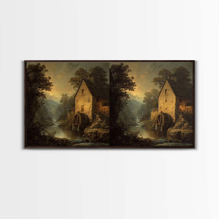 Watermill Beside a Quiet Stream Framed Canvas Print, Traditional Art, Painting, Living Room Decor, Fine Art, Classic, TRA-2x1-13