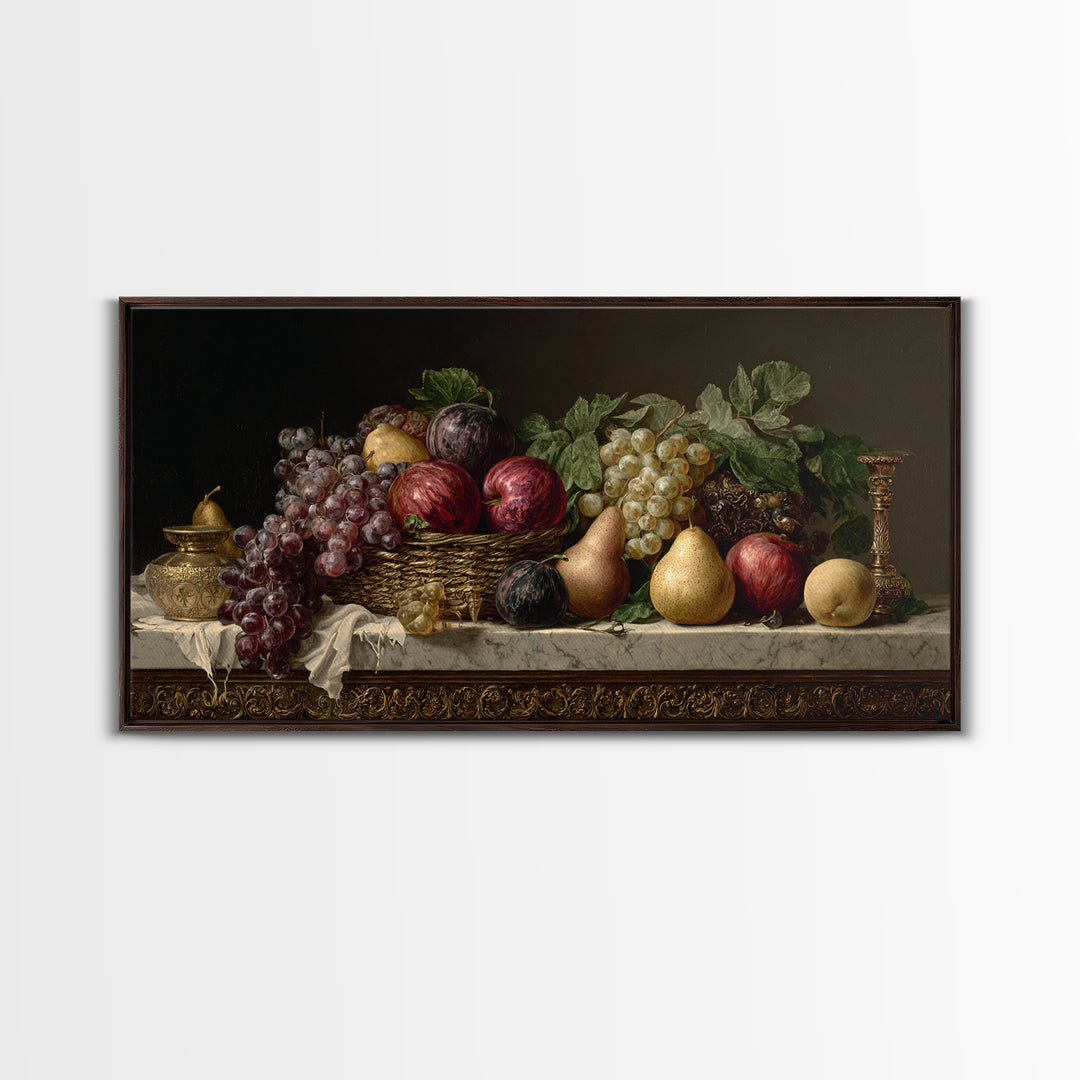 Basket of Apples and Pears on Linen Framed Canvas Print, Traditional Art, Luxury Decor, Living Room Decor, Abstract Art, TRA-2x1-14