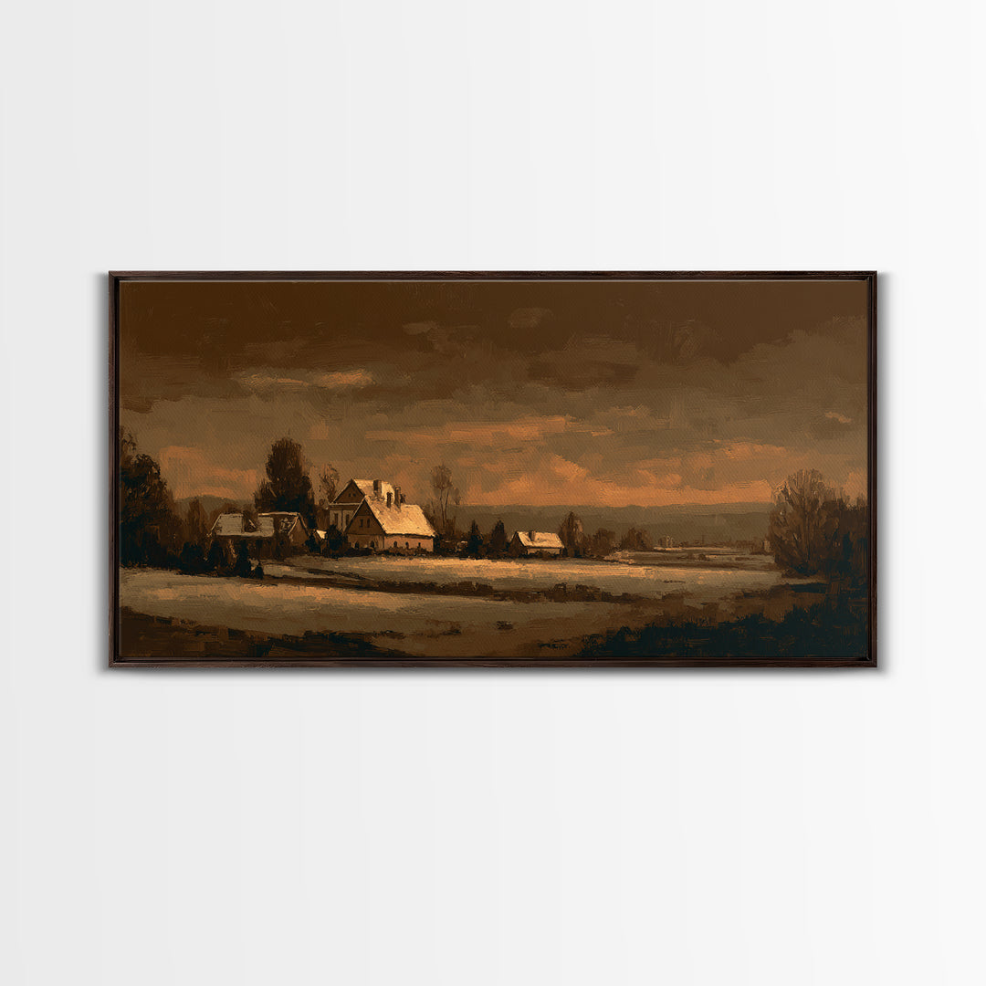 Snowy Village Landscape at Twilight Framed Canvas Print, Traditional Art, Living Room Decor, Watercolor Art, Classic, TRA-2x1-15