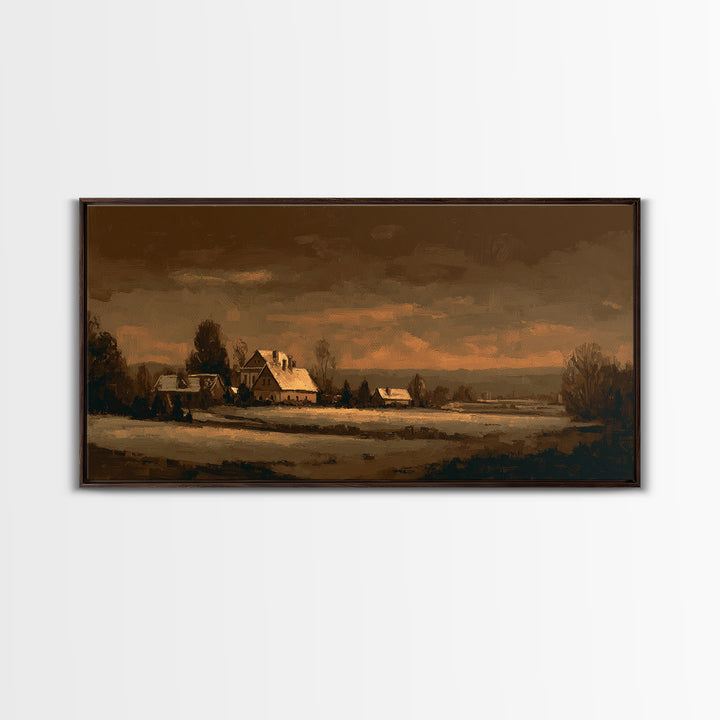 Snowy Village Landscape at Twilight Framed Canvas Print, Traditional Art, Living Room Decor, Watercolor Art, Classic, TRA-2x1-15