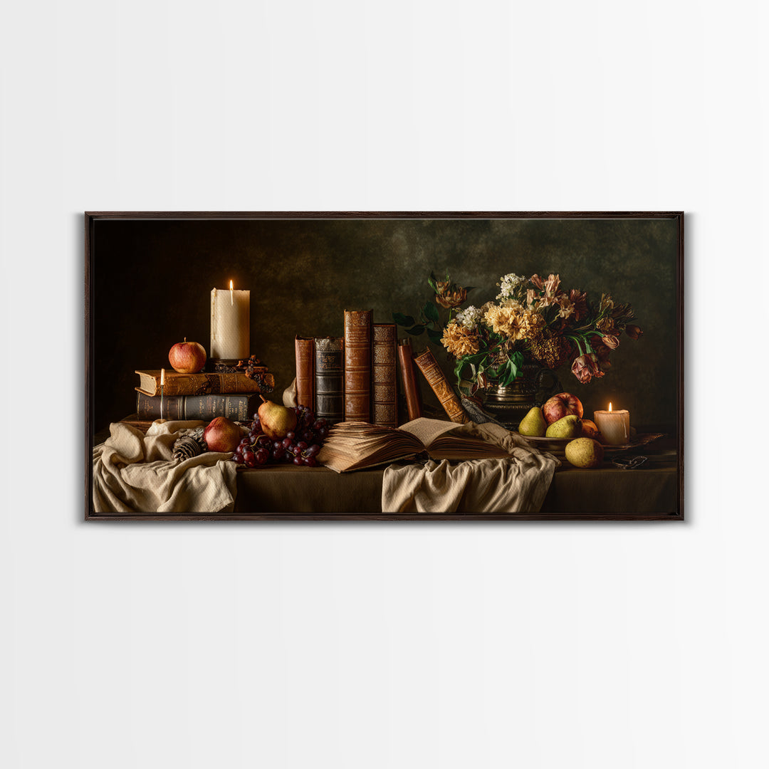 Still Life of Books Candle and Fruit Framed Canvas Print, Traditional Art, Fine Art Print, Living Room Decor, Fine Art, Classic, TRA-2x1-16