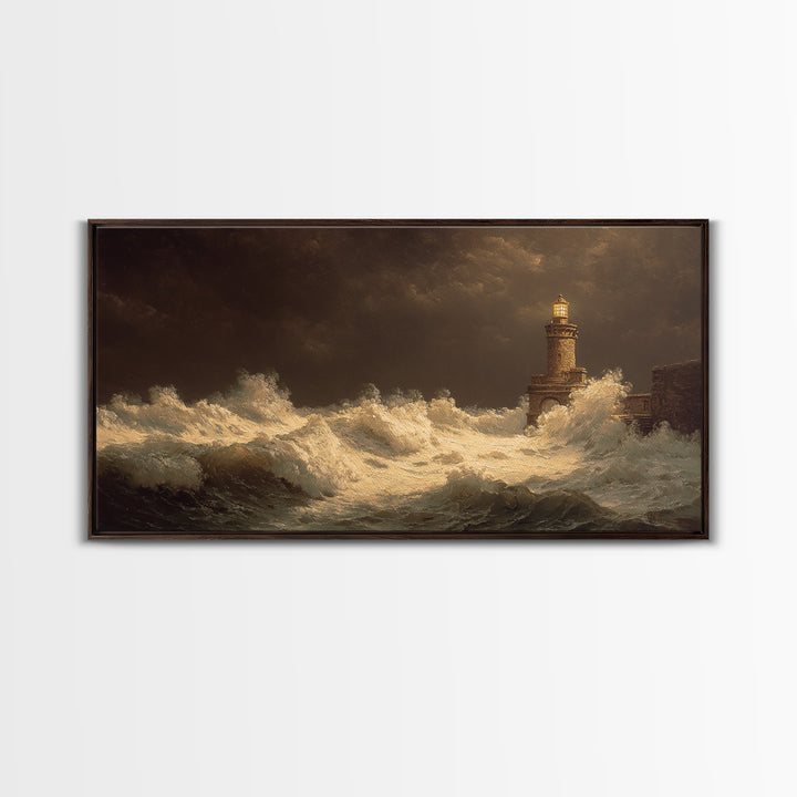 Lighthouse with Crashing Waves Canvas Print, Traditional Art, Decor, Living Room Decor, Fine Art, Classic, Japanese Art, TRA-2x1-17