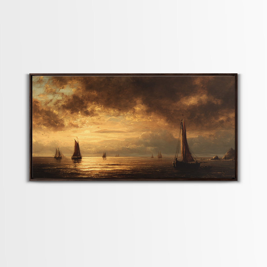 Seascape with Sailboats and Cloudy Sky Framed Canvas Print, Traditional Art, Digital Art, Living Room Decor, Fine Art, Classic, TRA-2x1-25