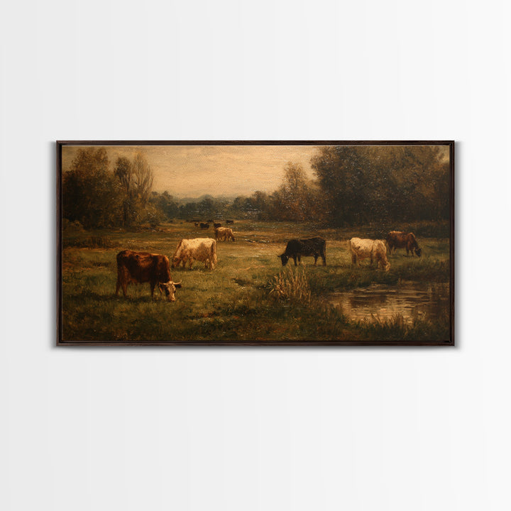Pastoral Countryside with Cows in Field Framed Canvas Print, Traditional Art, Boho Decor, Living Room Decor, Oil Painting, TRA-2x1-27