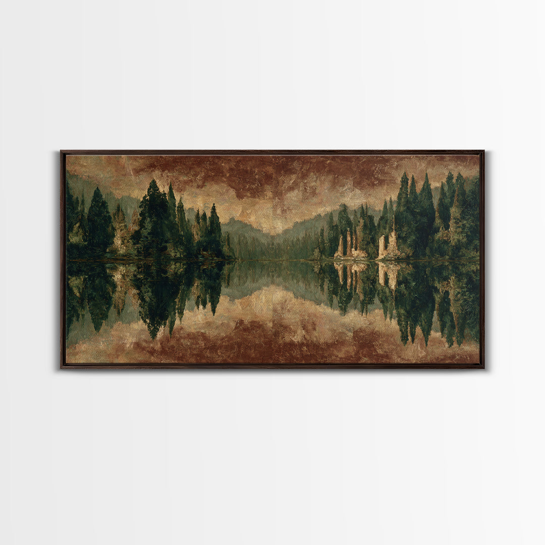 Mountain Lake with Pine Forest Reflection Framed Canvas Print, Traditional Art, Canvas, Living Room Decor, Fine Art, Classic, TRA-2x1-29
