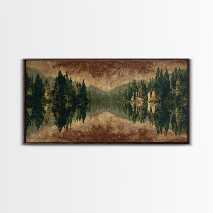 Mountain Lake with Pine Forest Reflection Framed Canvas Print, Traditional Art, Canvas, Living Room Decor, Fine Art, Classic, TRA-2x1-29