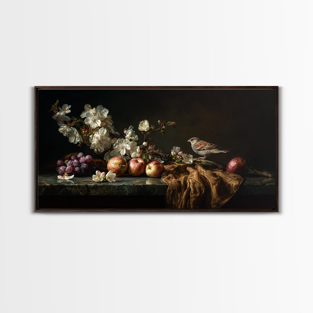 Bird Study on a Flowering Branch Framed Canvas Print, Traditional Art, Minimalist Decor, Living Room Decor, Oil Painting, TRA-2x1-30