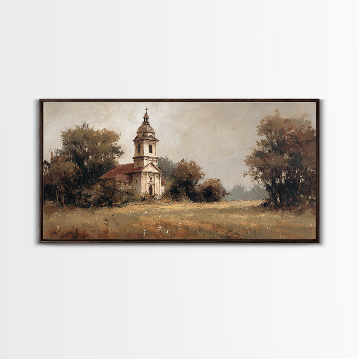 Church Steeple Across Rural Meadow Framed Canvas Print, Traditional Art, Wall Decor, Living Room Decor, Fine Art, Classic, TRA-2x1-33