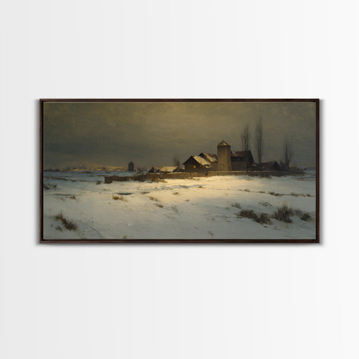 Snowy Village Landscape at Twilight Canvas Print, Traditional Art, Art Print, Living Room Decor, Fine Art, Classic, Custom Art, TRA-2x1-39