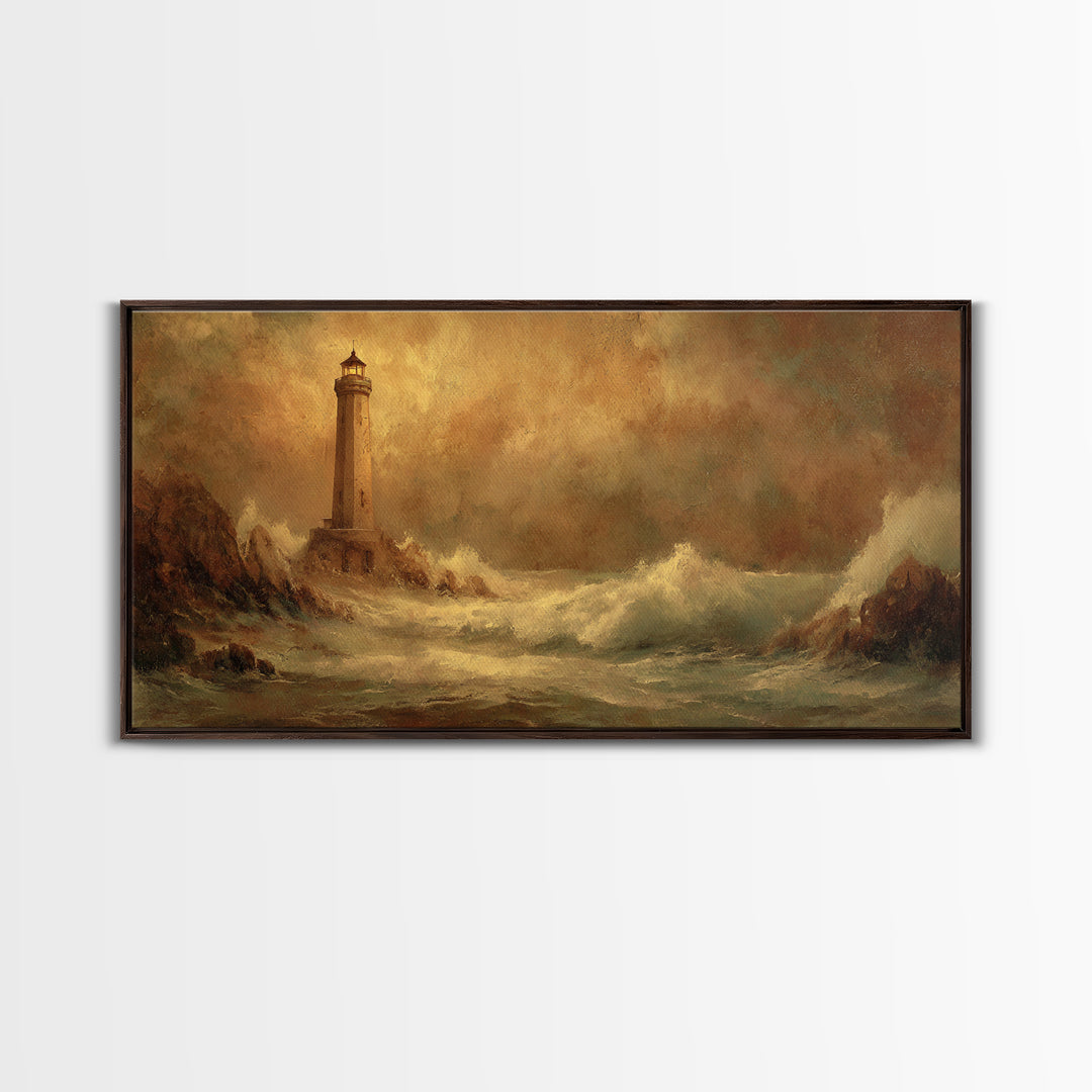 Lighthouse with Crashing Waves Canvas Print, Traditional Art, Decor, Living Room Decor, Fine Art, Classic, Japanese Art, TRA-2x1-41