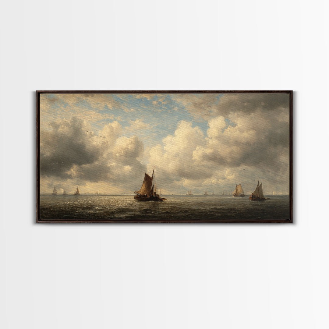 Seascape with Sailboats and Cloudy Sky Canvas Print, Traditional Art, Original Art, Living Room Decor, Fine Art, Classic, TRA-2x1-49