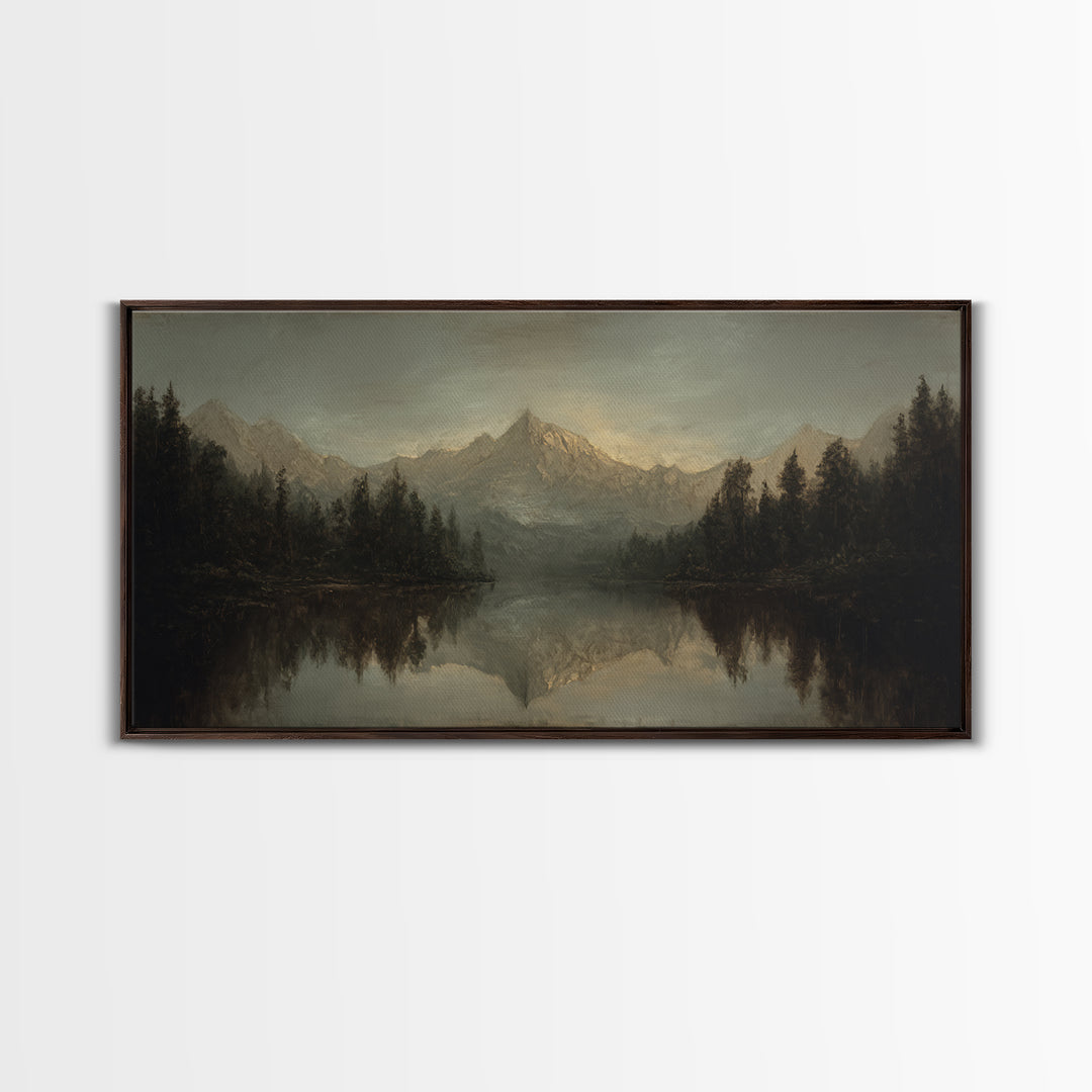 Mountain Lake with Pine Forest Reflection Framed Canvas Print, Traditional Art, Canvas, Living Room Decor, Fine Art, Classic, TRA-2x1-5
