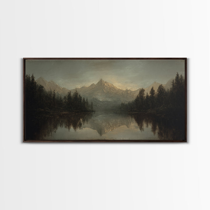 Mountain Lake with Pine Forest Reflection Framed Canvas Print, Traditional Art, Canvas, Living Room Decor, Fine Art, Classic, TRA-2x1-5