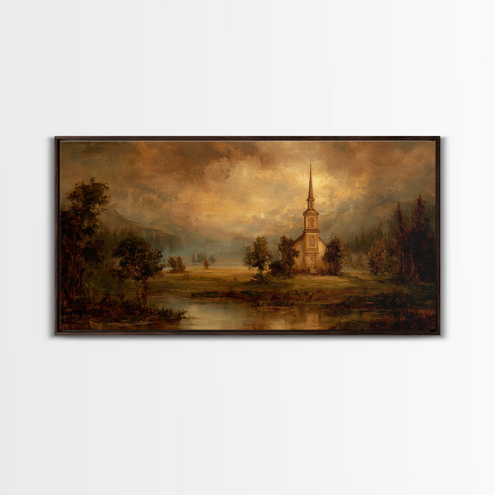 Church Steeple Across Rural Meadow Canvas Print, Traditional Art, Art Commission, Living Room Decor, Fine Art, Classic, TRA-2x1-57