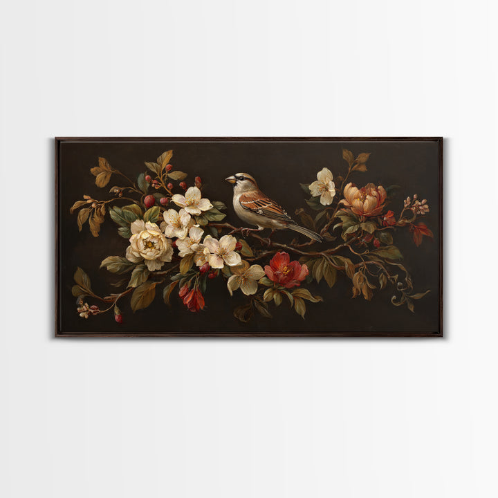 Bird Study on a Flowering Branch Framed Canvas Print, Traditional Art, Minimalist Decor, Living Room Decor, Oil Painting, TRA-2x1-6